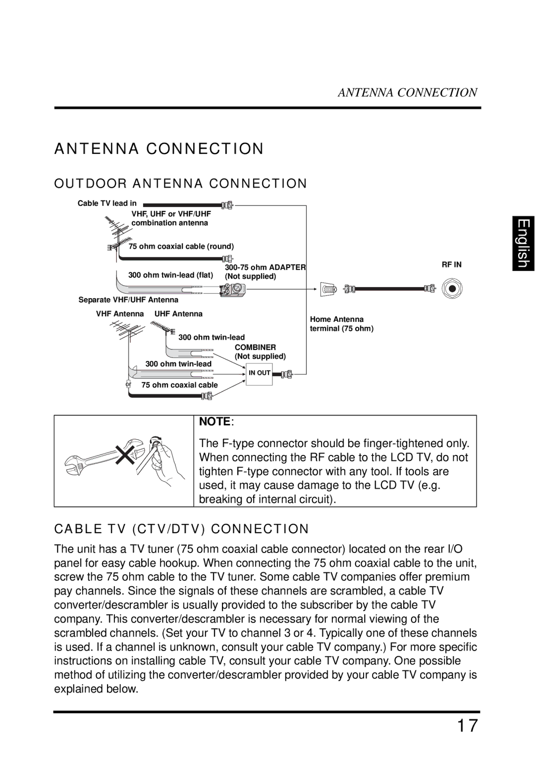 Westinghouse VR-4025 manual Outdoor Antenna Connection, Cable TV CTV/DTV Connection 