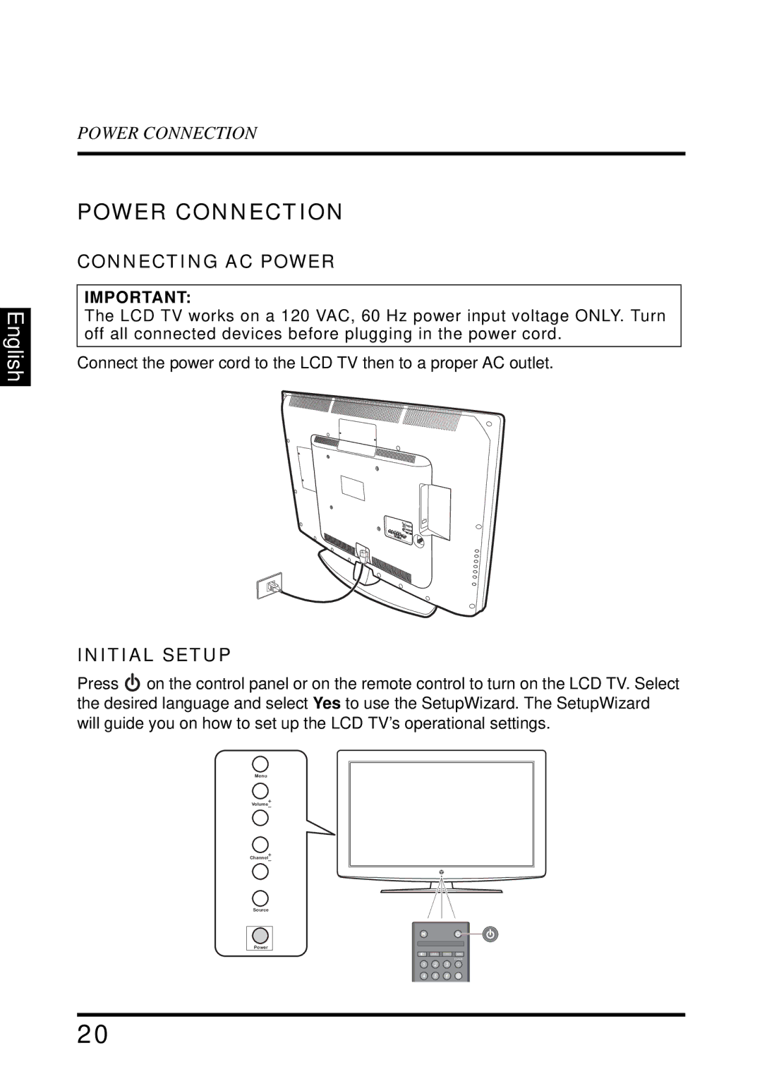 Westinghouse VR-4025 manual Power Connection, Connecting AC Power, Initial Setup 