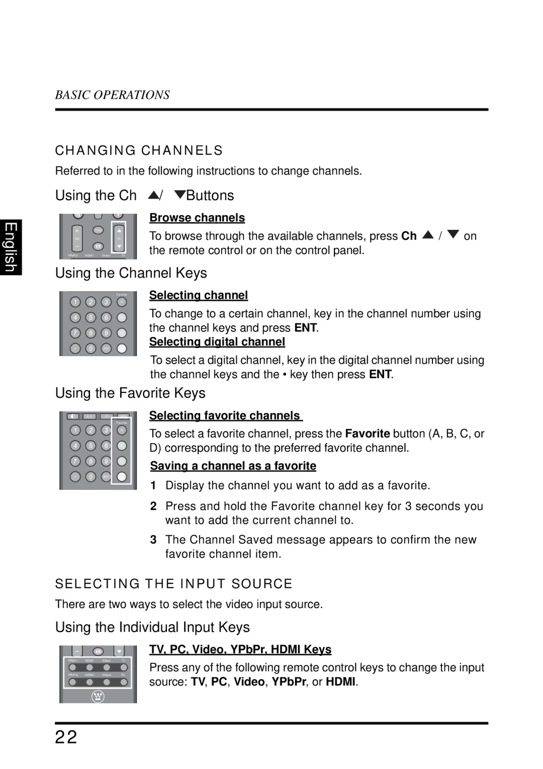 Westinghouse VR-4025 manual Using the Channel Keys, Using the Favorite Keys, Using the Individual Input Keys 