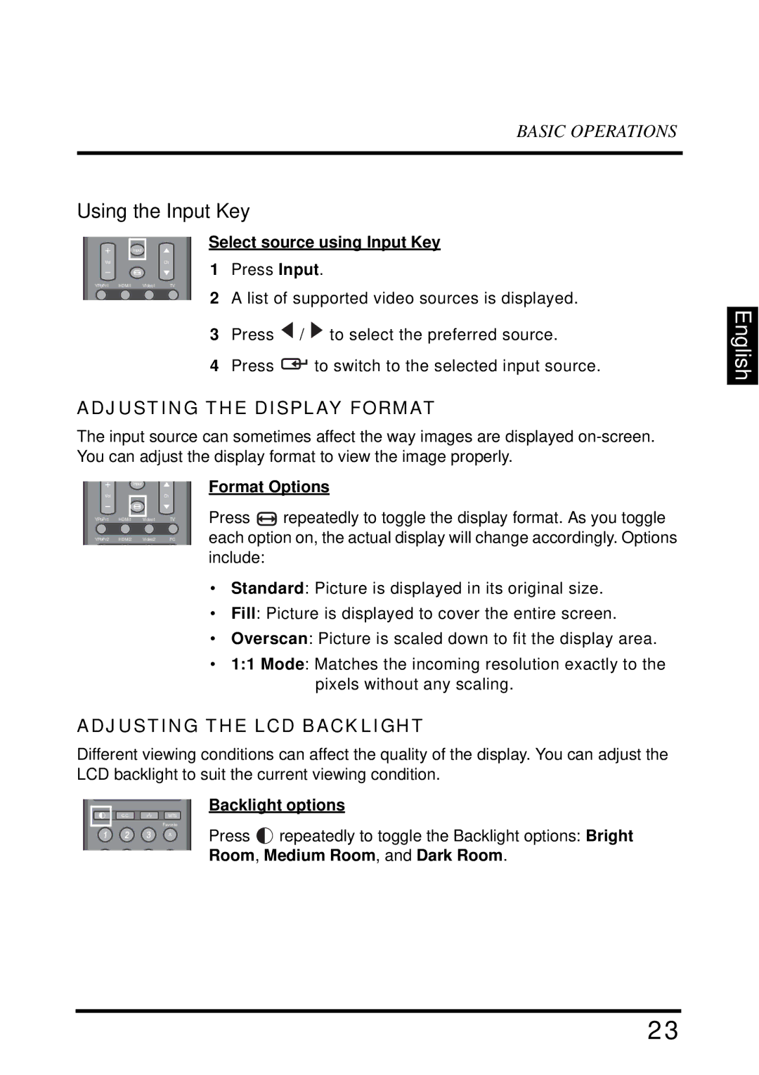 Westinghouse VR-4025 manual Adjusting the Display Format, Adjusting the LCD Backlight, Format Options, Backlight options 