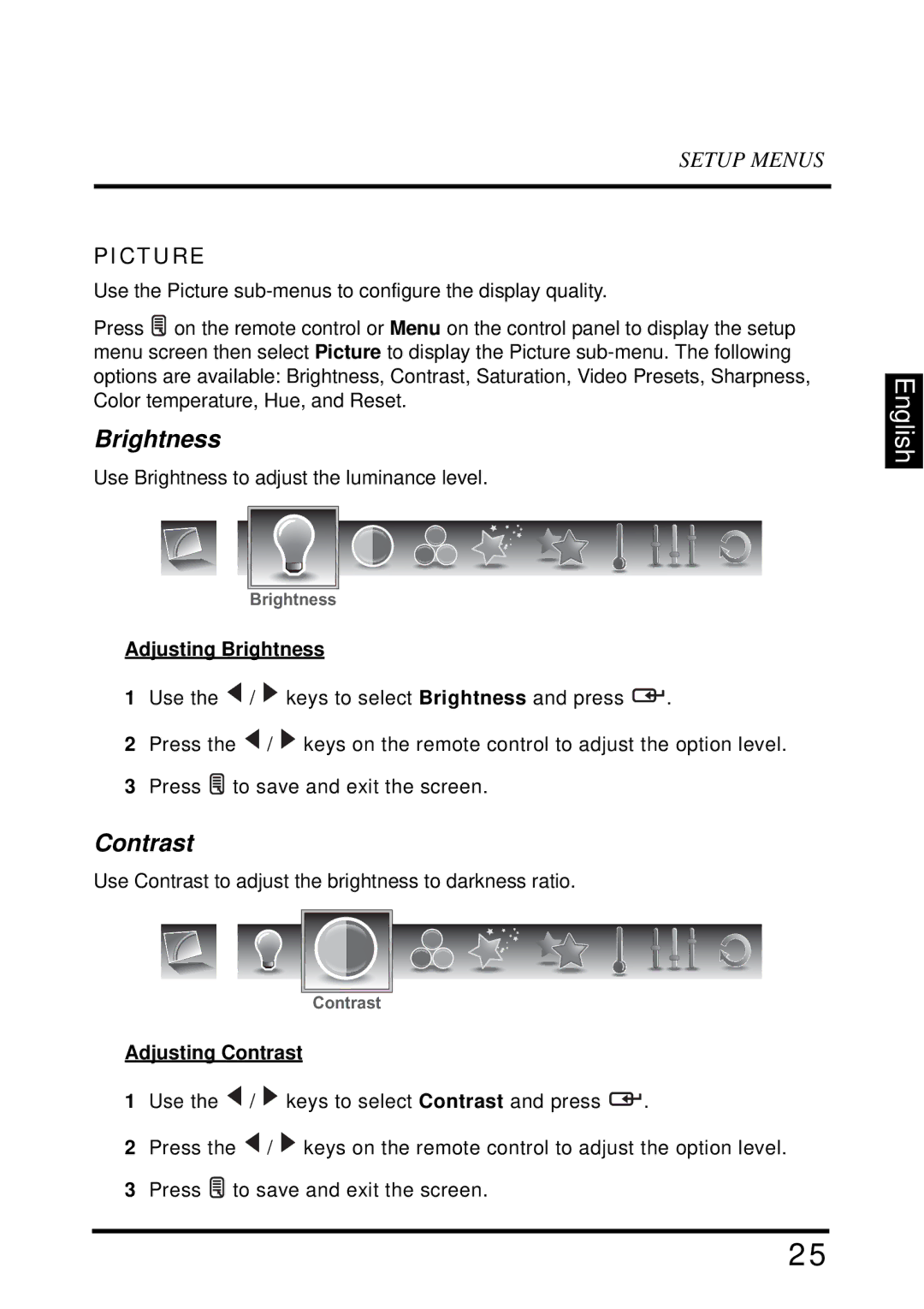 Westinghouse VR-4025 manual Picture, Adjusting Brightness, Adjusting Contrast 