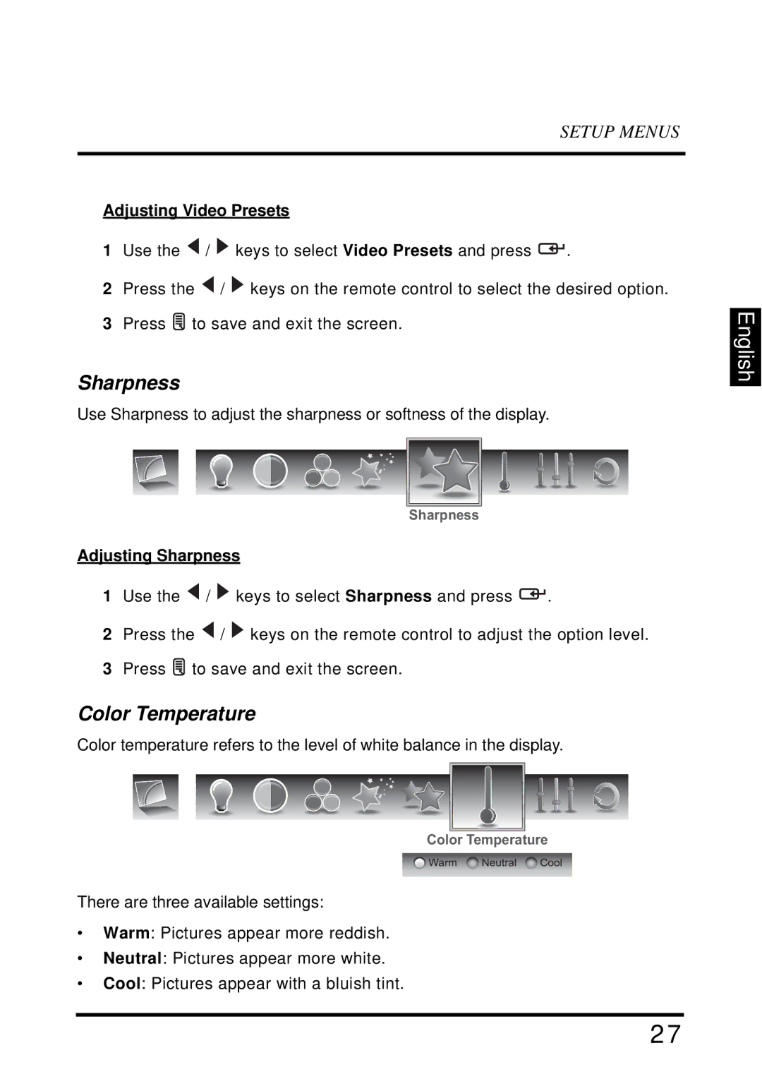 Westinghouse VR-4025 manual Color Temperature, Adjusting Video Presets, Adjusting Sharpness 