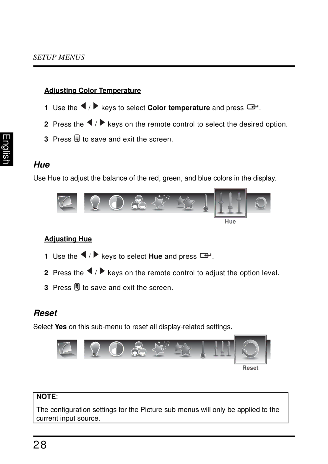 Westinghouse VR-4025 manual Reset, Adjusting Color Temperature, Adjusting Hue 