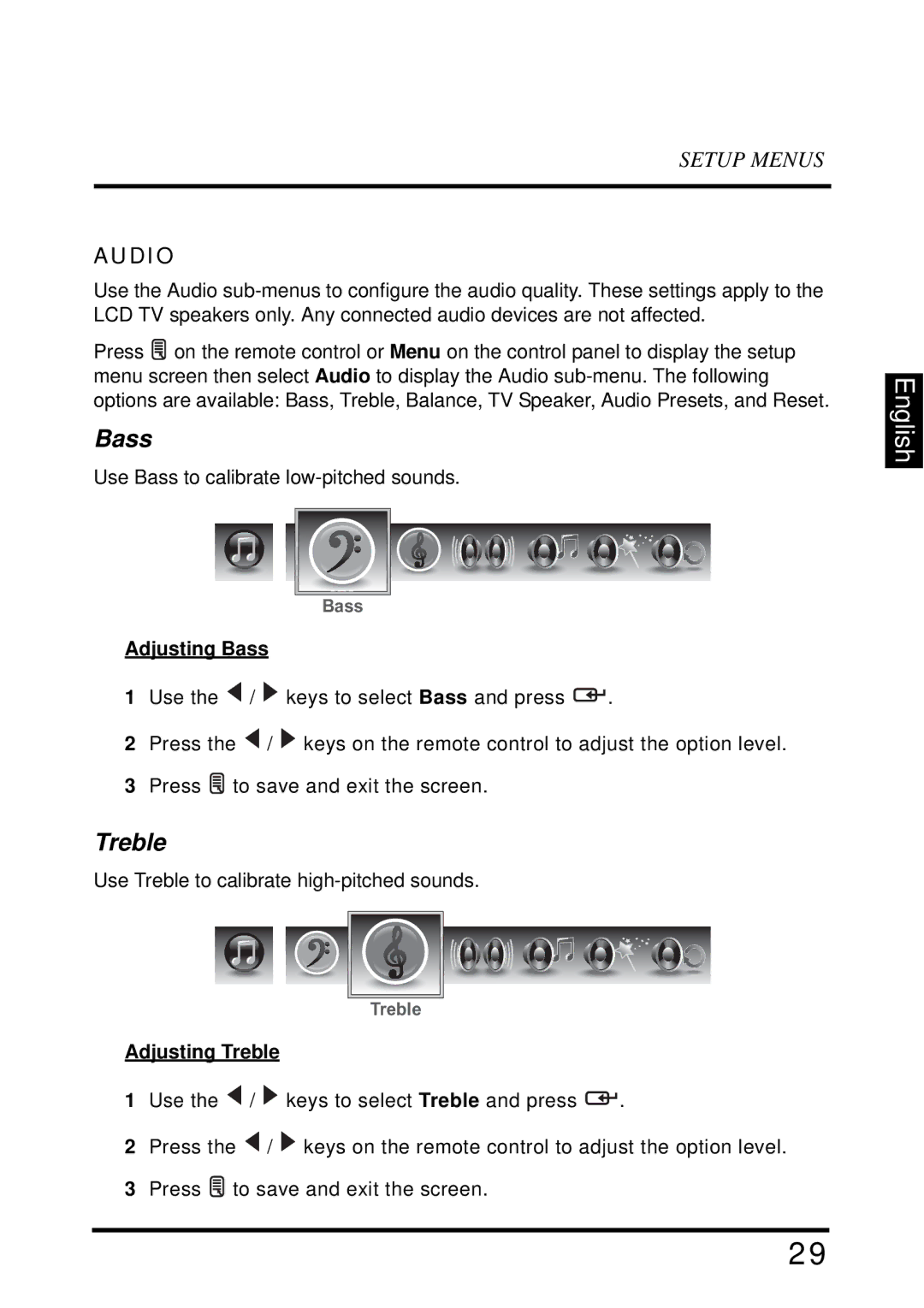 Westinghouse VR-4025 manual Audio, Adjusting Bass, Adjusting Treble 