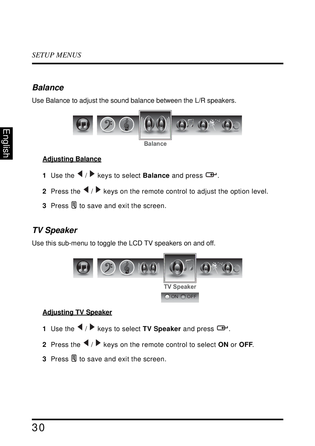 Westinghouse VR-4025 manual Balance, Adjusting TV Speaker 