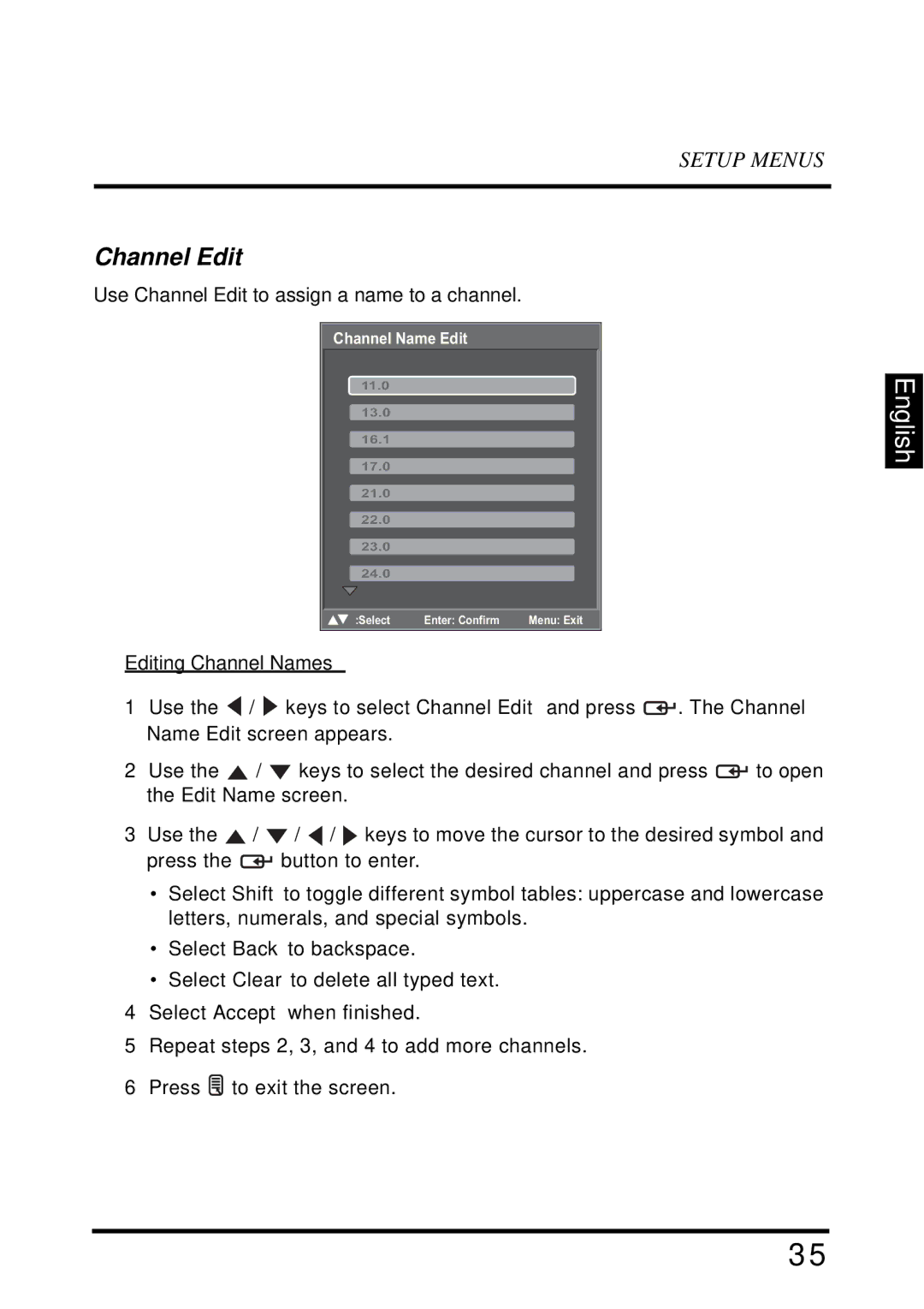 Westinghouse VR-4025 manual Channel Edit, Editing Channel Names 