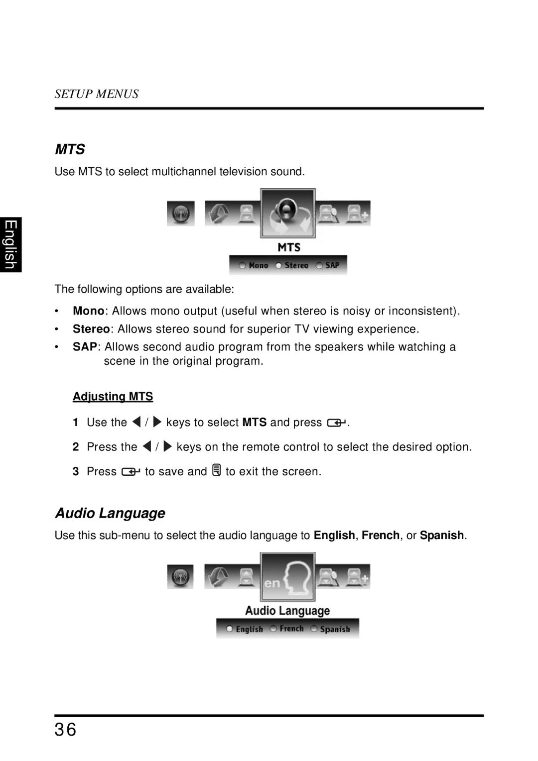 Westinghouse VR-4025 manual Audio Language, Adjusting MTS 