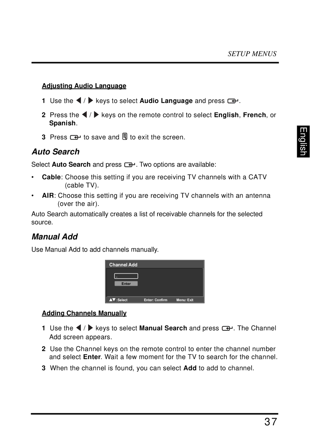 Westinghouse VR-4025 manual Auto Search, Manual Add, Adjusting Audio Language, Adding Channels Manually 