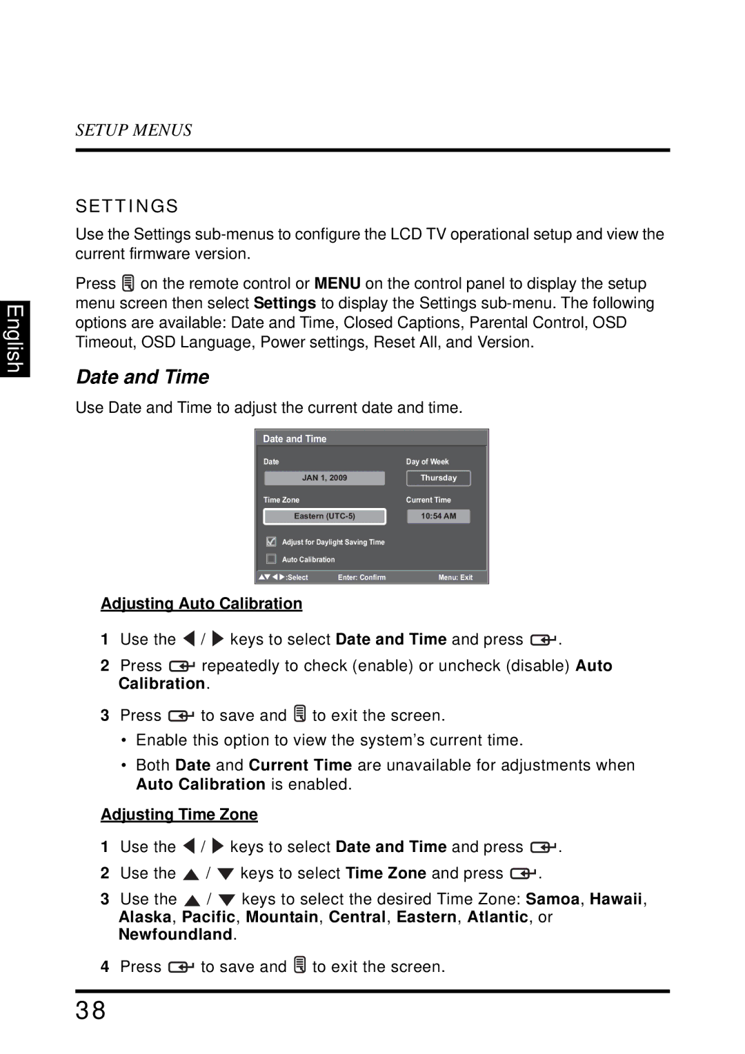 Westinghouse VR-4025 manual Date and Time, Settings, Adjusting Auto Calibration, Adjusting Time Zone 