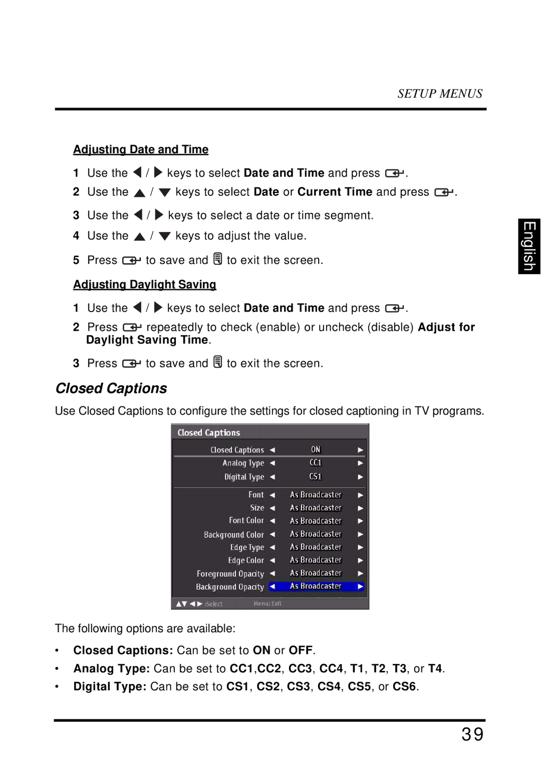 Westinghouse VR-4025 manual Closed Captions, Adjusting Date and Time, Adjusting Daylight Saving 