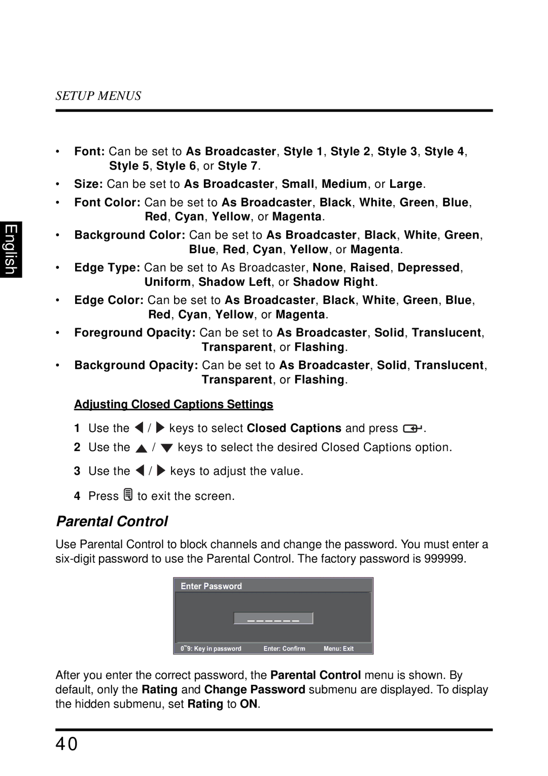 Westinghouse VR-4025 manual Parental Control 