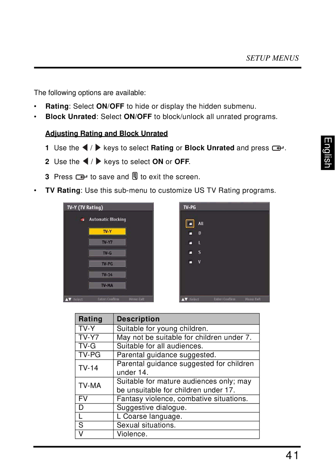 Westinghouse VR-4025 manual Adjusting Rating and Block Unrated, Rating Description 