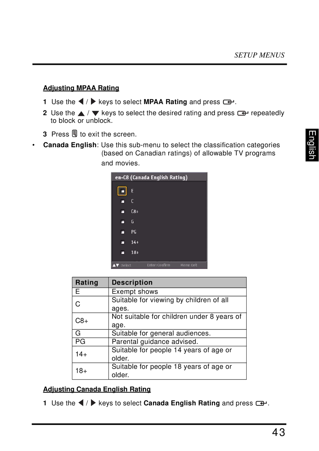 Westinghouse VR-4025 manual Adjusting Mpaa Rating, Adjusting Canada English Rating 