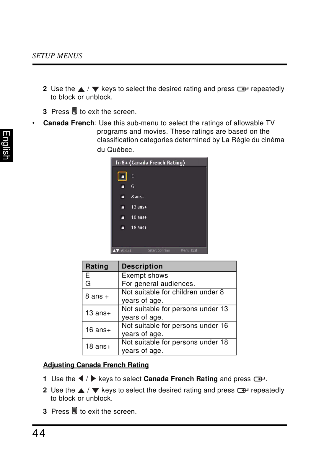 Westinghouse VR-4025 manual Adjusting Canada French Rating 