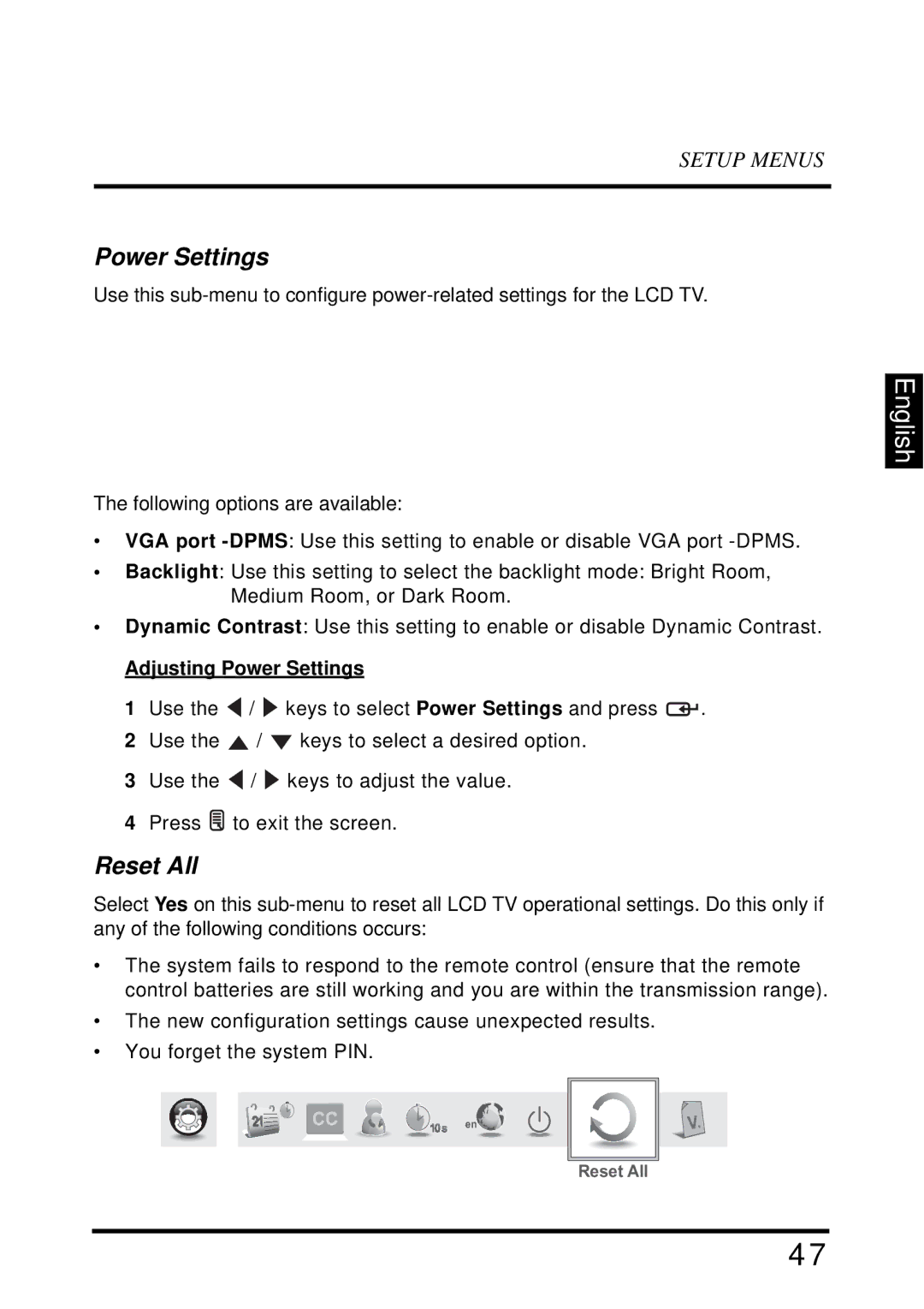 Westinghouse VR-4025 manual Reset All, Adjusting Power Settings 