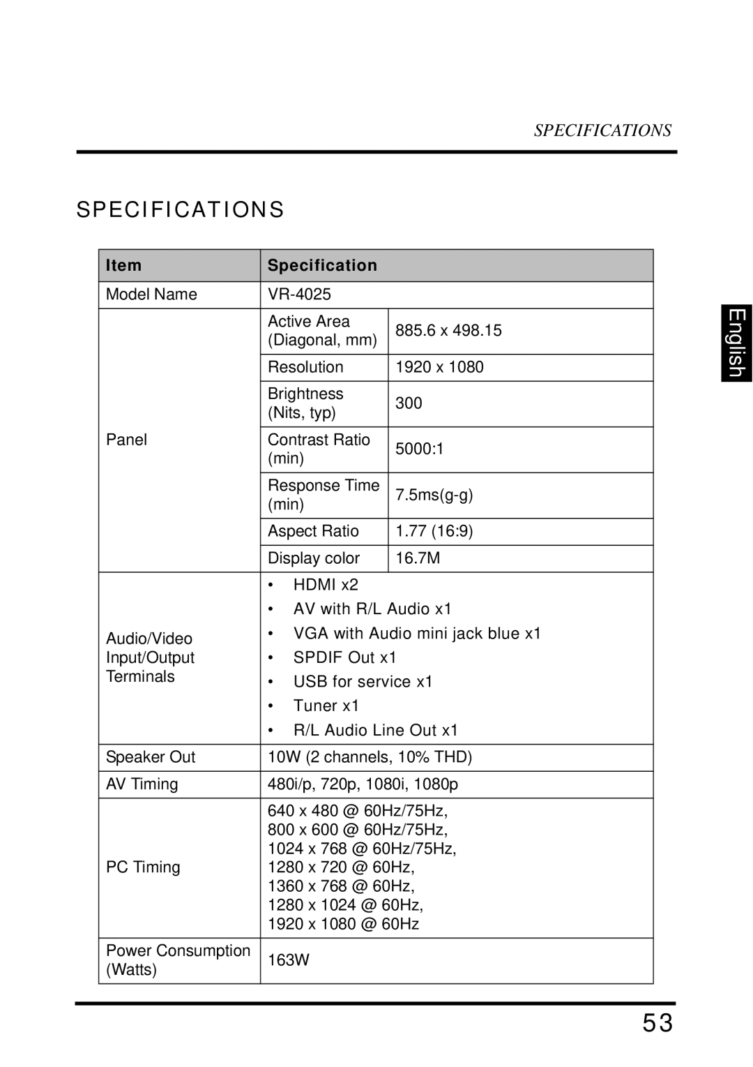 Westinghouse VR-4025 manual Specifications 