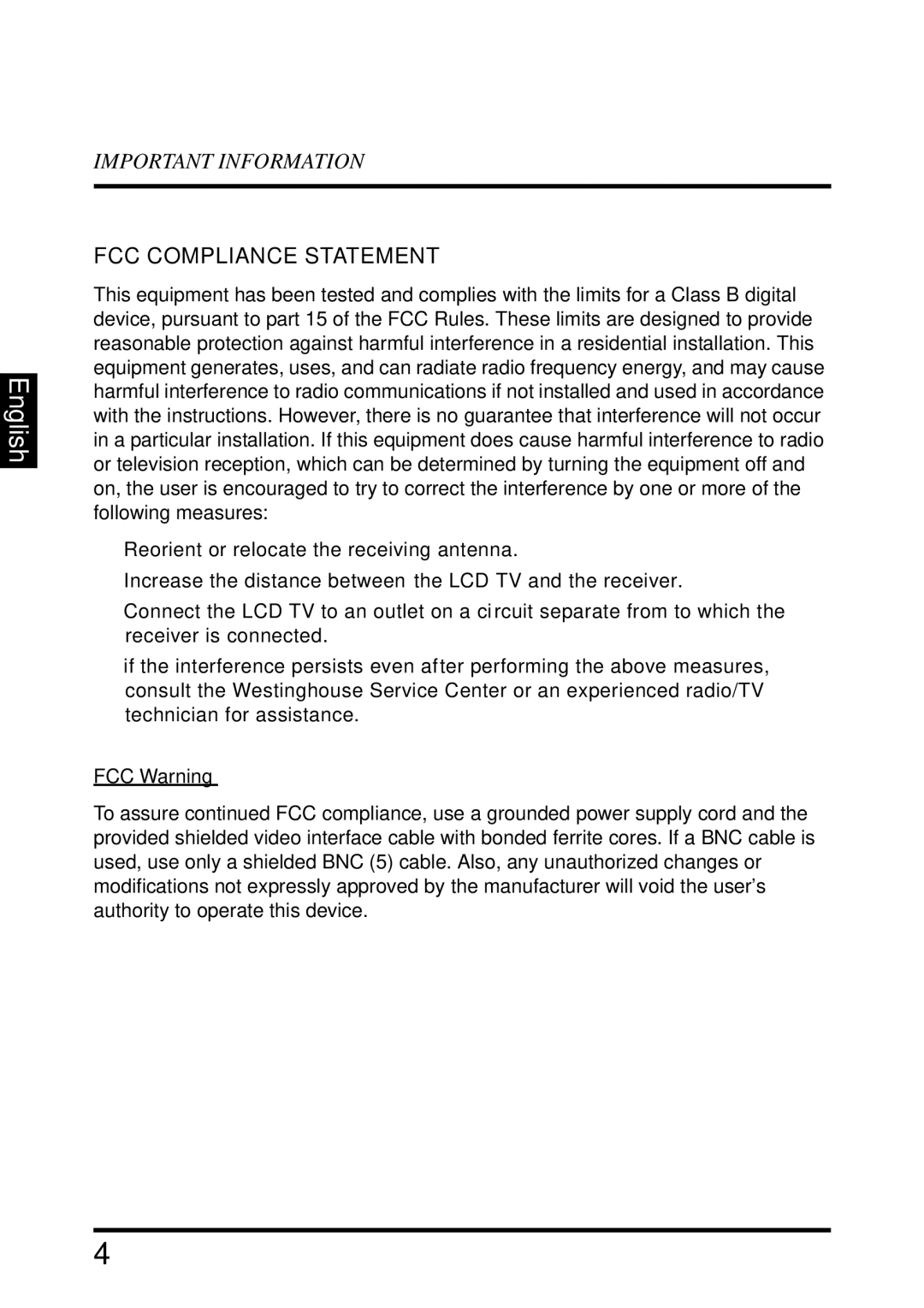 Westinghouse VR-4025 manual FCC Compliance Statement, FCC Warning 