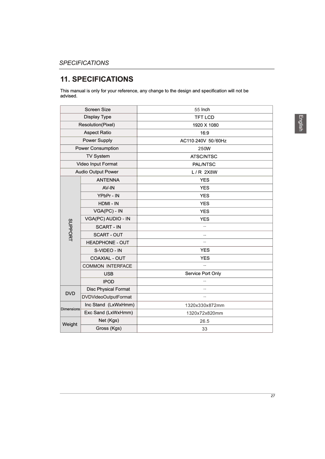 Westinghouse VR-5535Z manual 1320x330x872mm 