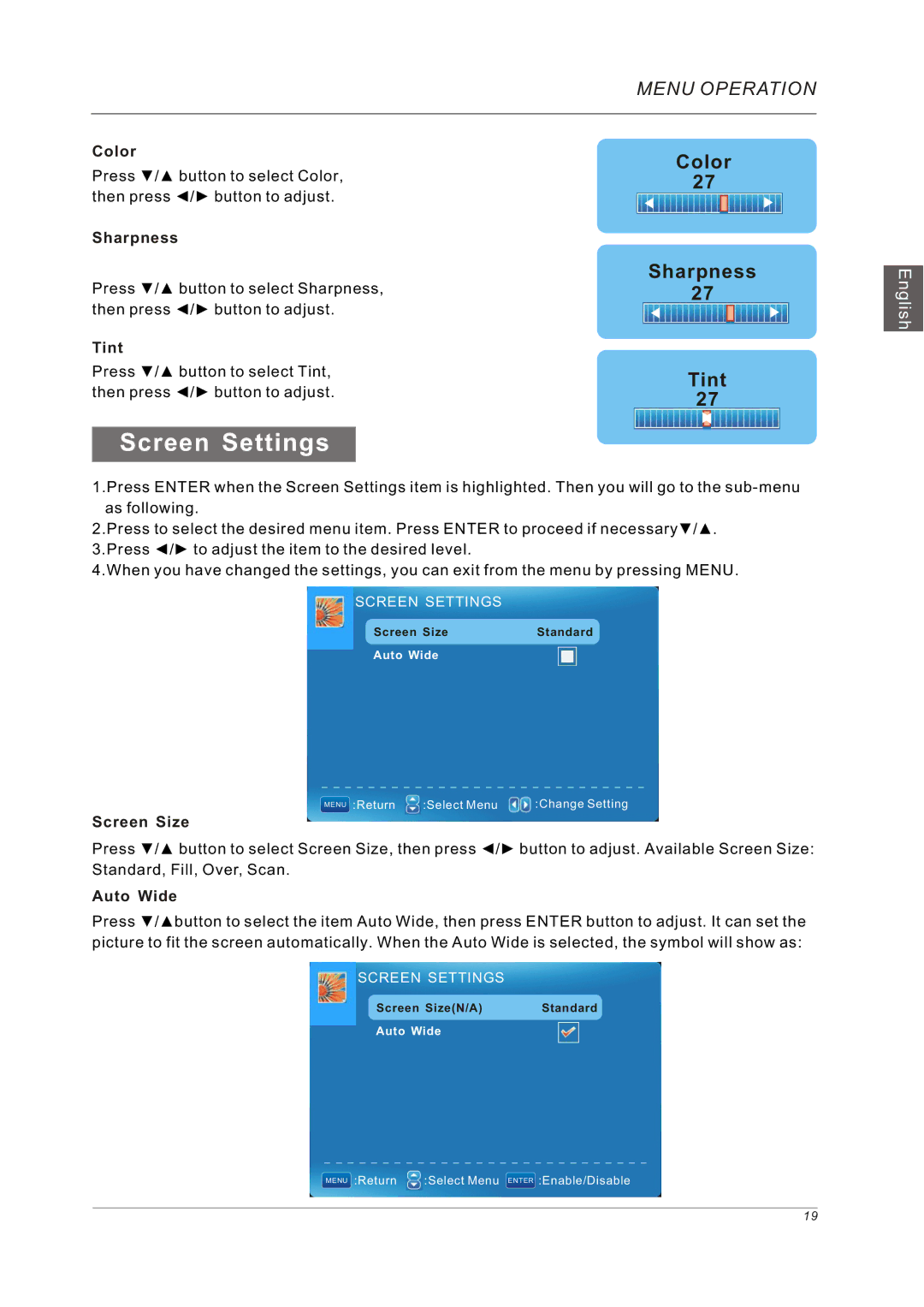 Westinghouse VR-5585DFZ user manual Screen Settings 