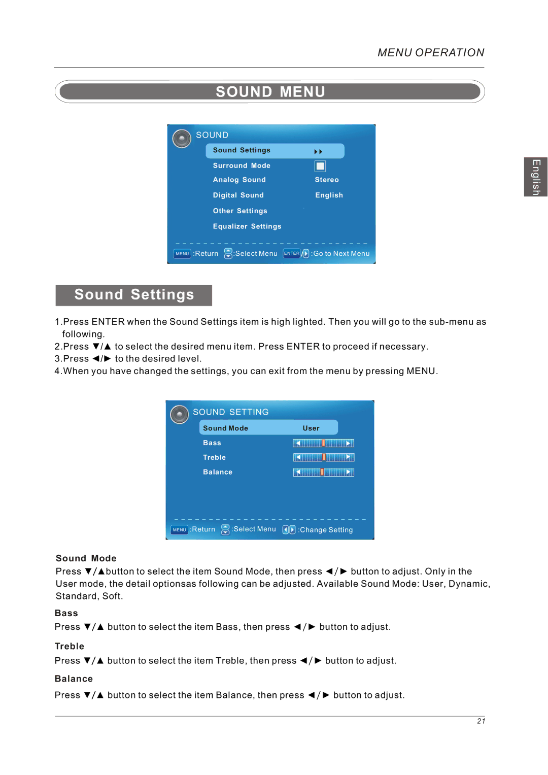 Westinghouse VR-5585DFZ user manual Sound Menu, Sound Settings 