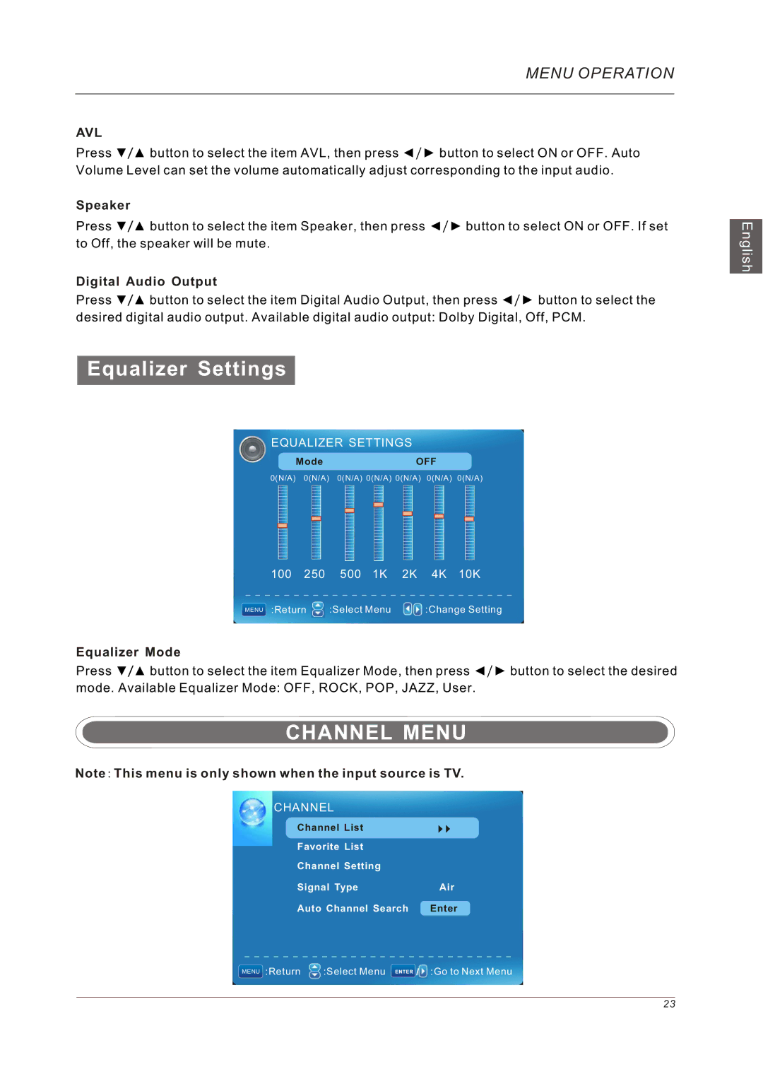 Westinghouse VR-5585DFZ user manual Equalizer Settings, Channel Menu, Speaker, Digital Audio Output, Equalizer Mode 