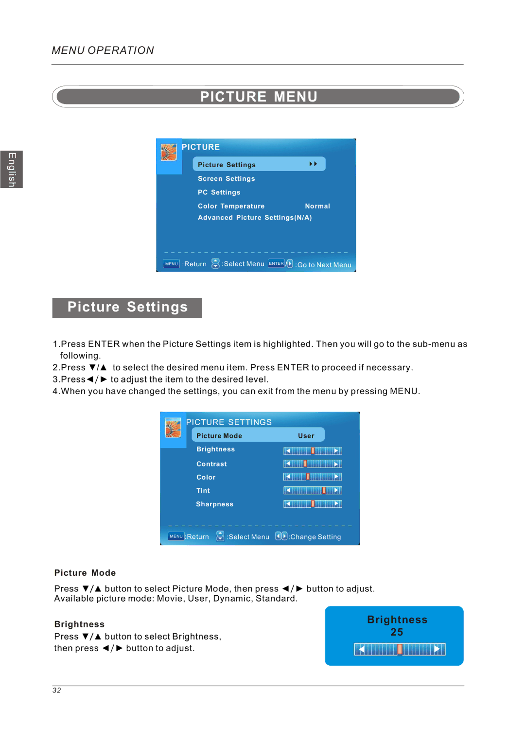 Westinghouse VR-5585DFZ user manual Picture Menu, Picture Settings, Picture Mode, Brightness 