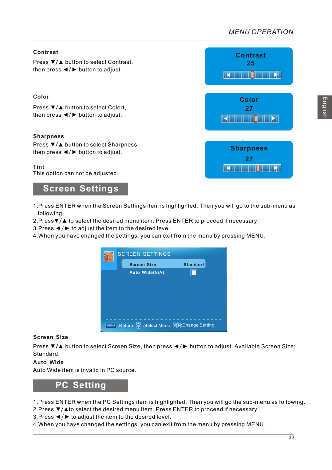 Westinghouse VR-5585DFZ user manual PC Setting, Contrast 