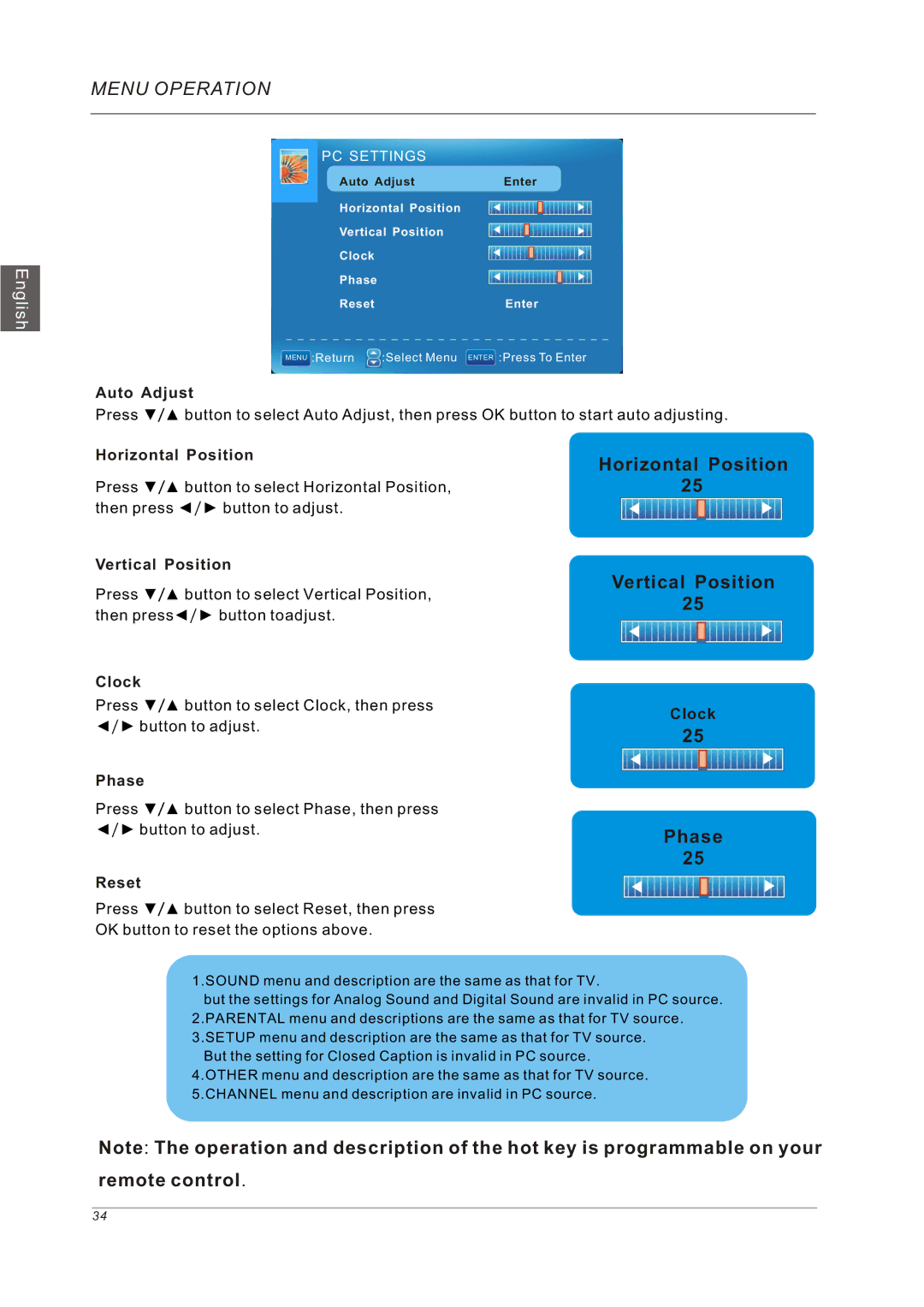 Westinghouse VR-5585DFZ user manual Auto Adjust, Horizontal Position, Vertical Position, Clock, Phase, Reset 