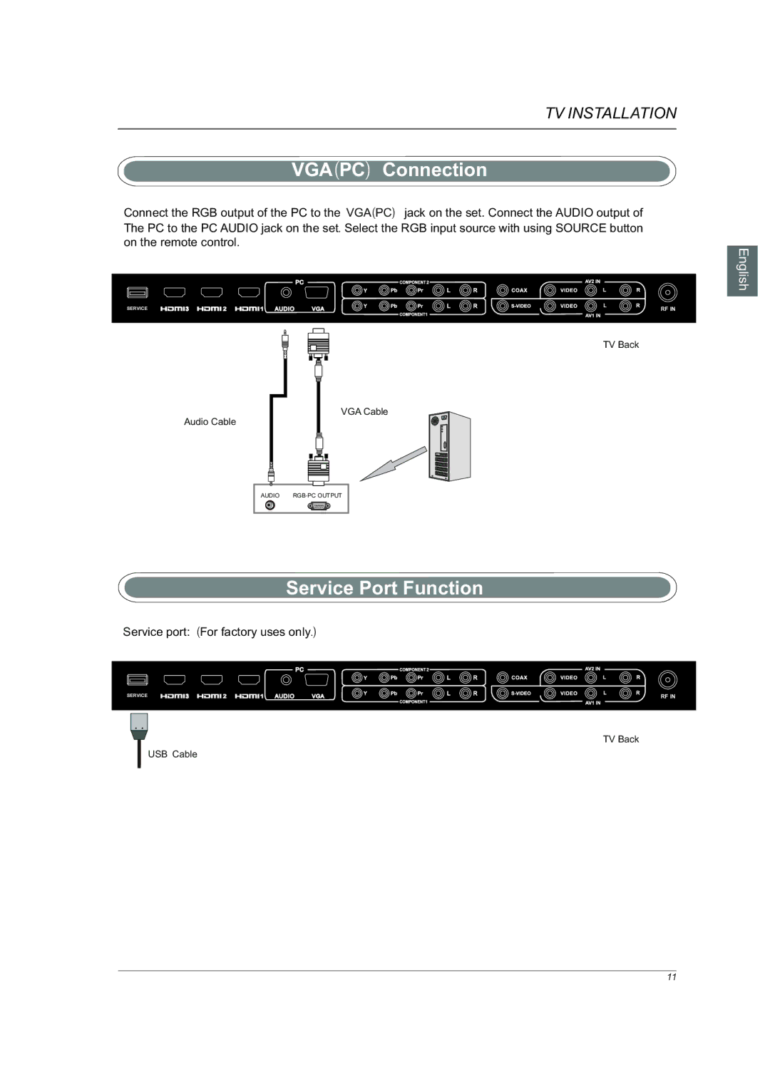 Westinghouse VR-6025Z manual Vgapc Connection, Service Port Function, Jack on the set. Connect the Audio output 