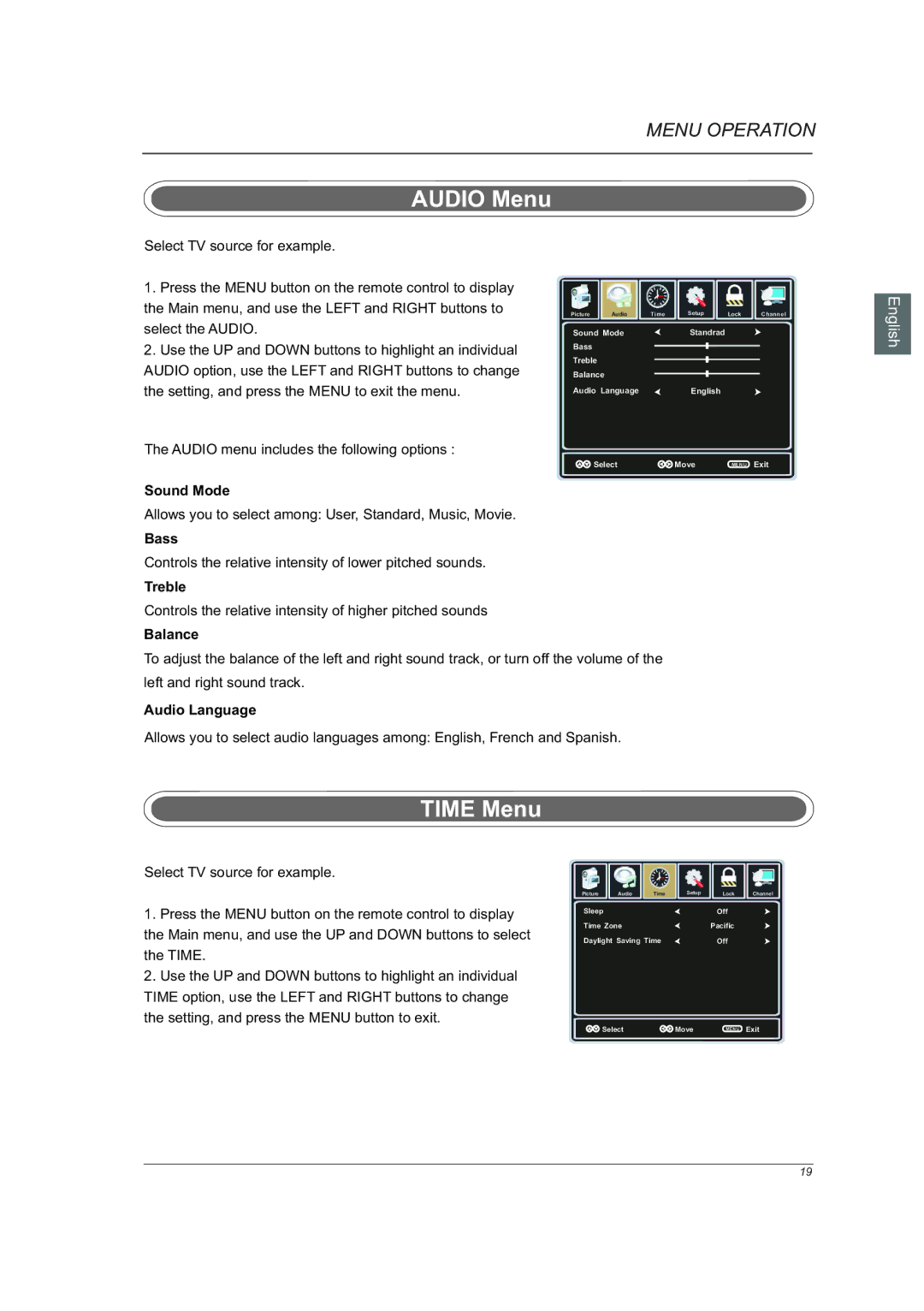 Westinghouse VR-6025Z manual Audio Menu, Time Menu 