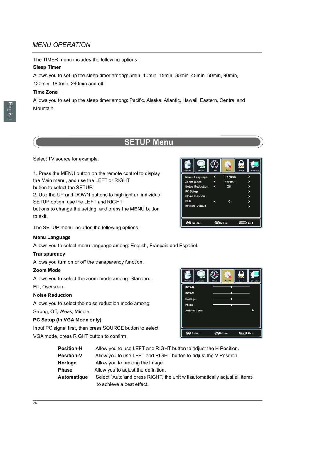 Westinghouse VR-6025Z manual Setup Menu, Sleep Timer, Time Zone, Menu Language, Transparency 