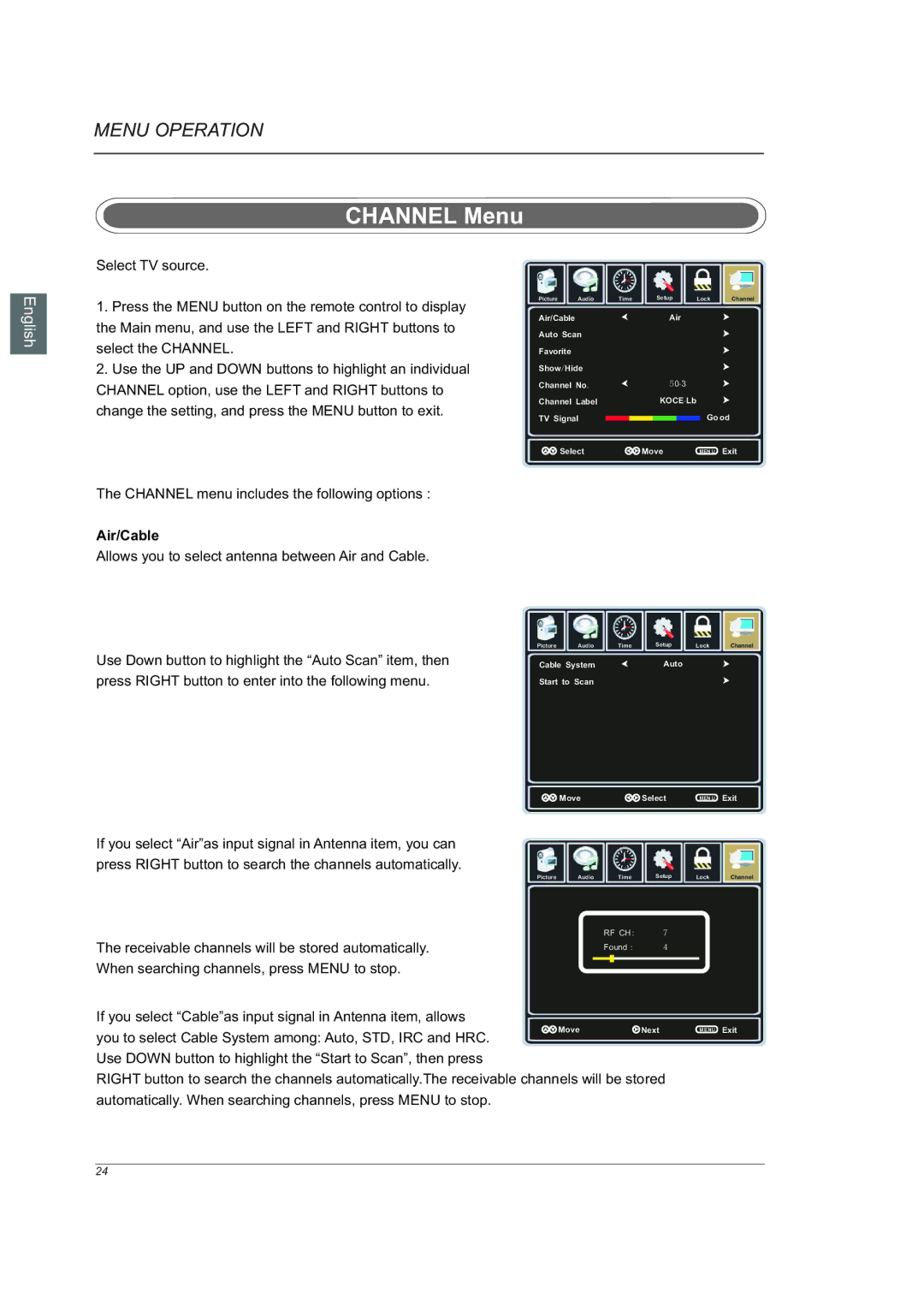 Westinghouse VR-6025Z manual Channel Menu, Channel menu includes the following options, Air/Cable 