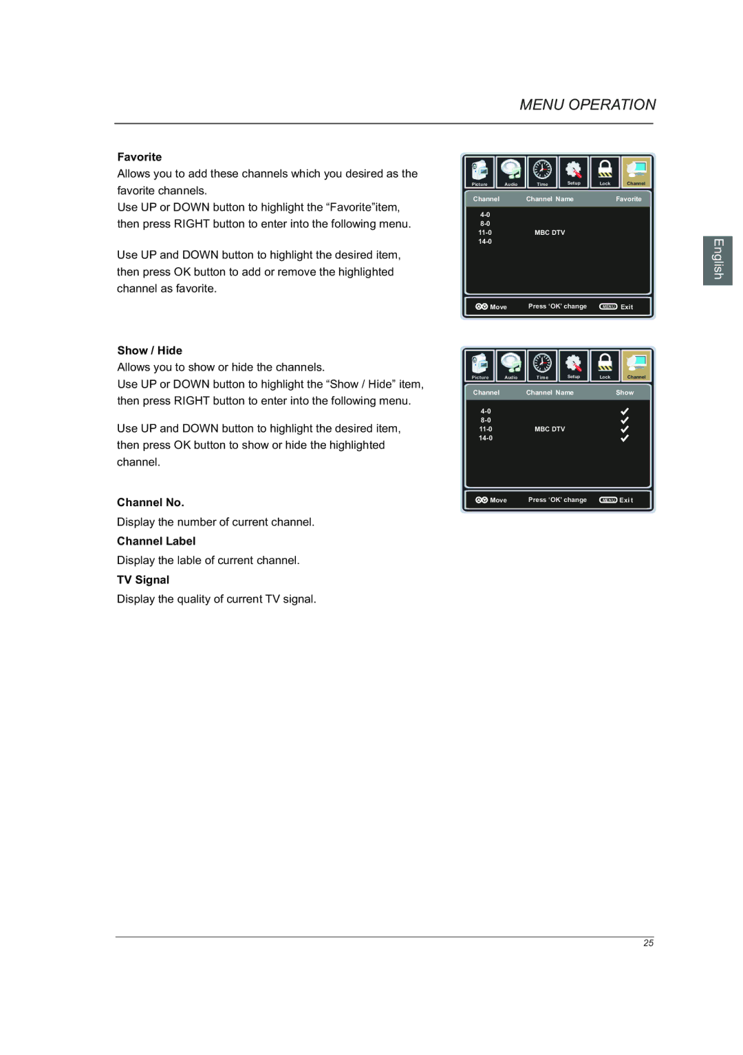 Westinghouse VR-6025Z manual Favorite, Show / Hide, Channel No, Channel Label, TV Signal 