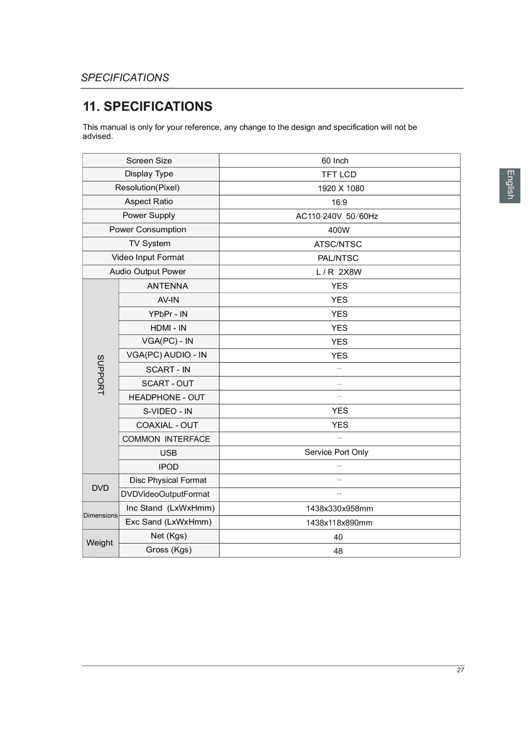 Westinghouse VR-6025Z manual Specifications 