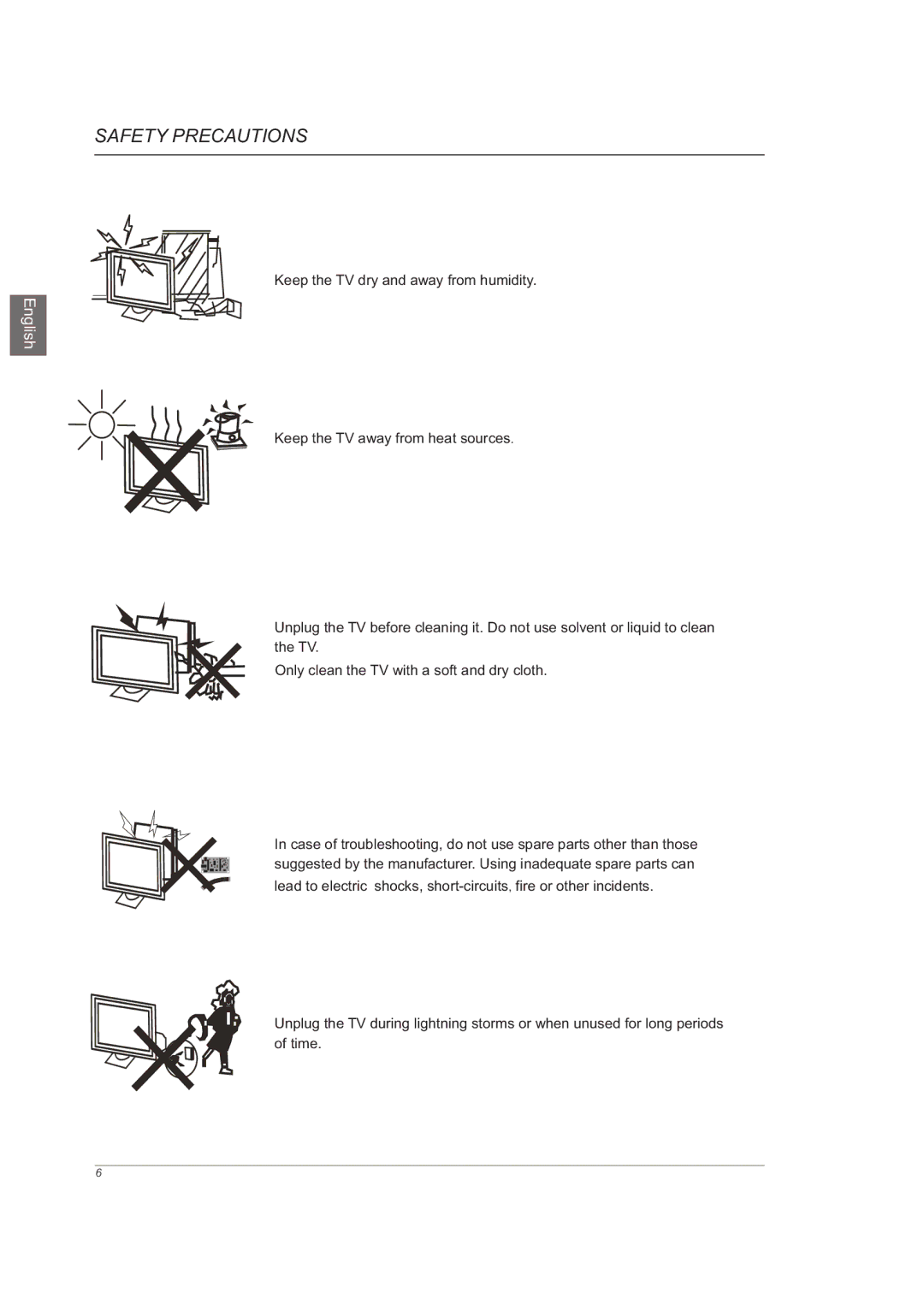 Westinghouse VR-6025Z manual Safety Precautions, Keep the TV dry and away from humidity 