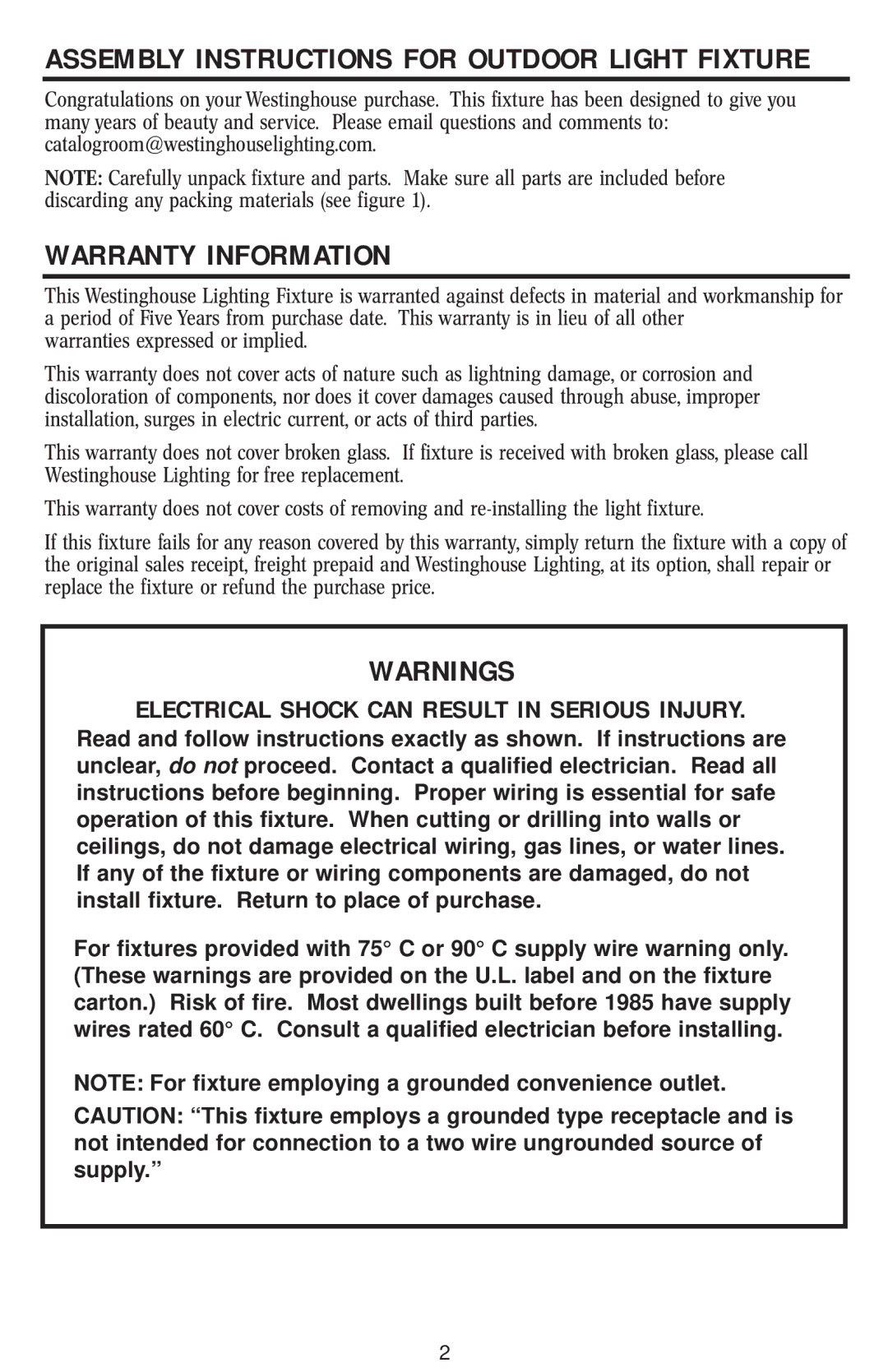 Westinghouse W-002 owner manual Warranty Information, Electrical Shock can Result in Serious Injury 