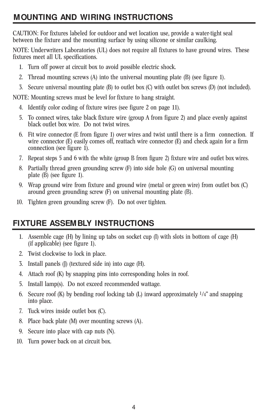 Westinghouse W-002 owner manual Mounting and Wiring Instructions, Fixture Assembly Instructions 