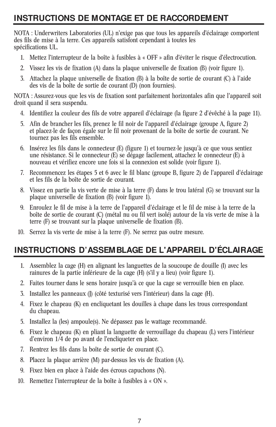 Westinghouse W-002 Instructions DE Montage ET DE Raccordement, Instructions D’ASSEMBLAGE DE Lappareil Déclairage 