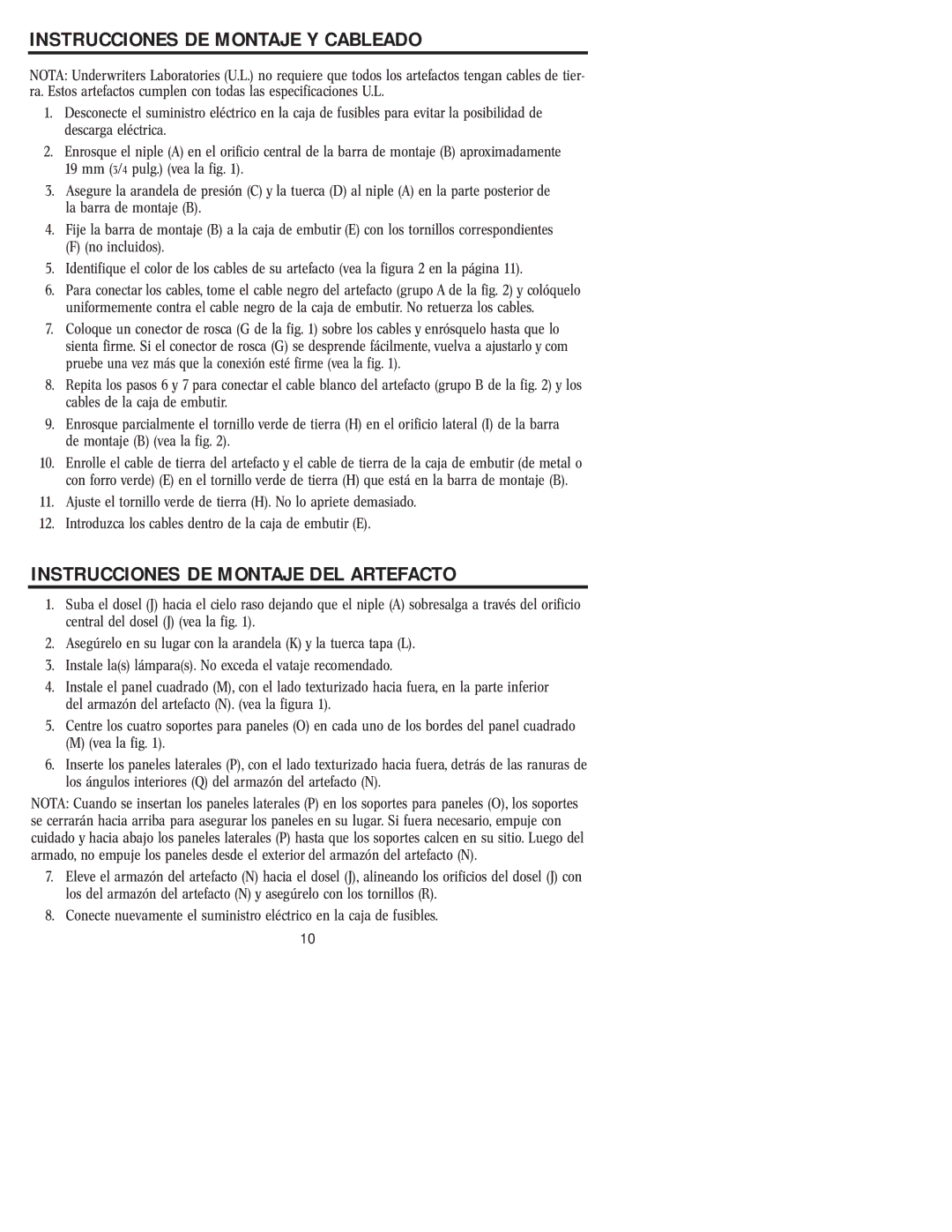 Westinghouse W-004 owner manual Instrucciones DE Montaje Y Cableado, Instrucciones DE Montaje DEL Artefacto 