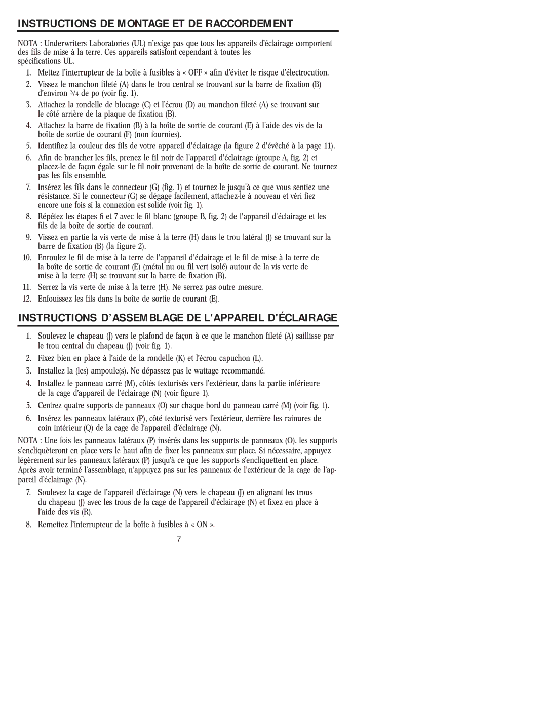 Westinghouse W-004 Instructions DE Montage ET DE Raccordement, Instructions D’ASSEMBLAGE DE Lappareil Déclairage 