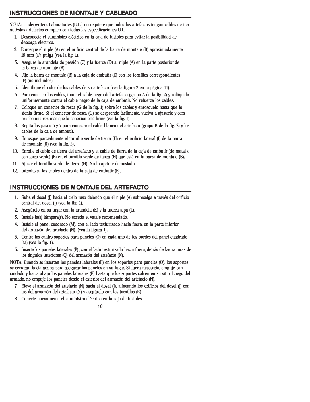 Westinghouse W-004 owner manual Instrucciones De Montaje Y Cableado, Instrucciones De Montaje Del Artefacto 