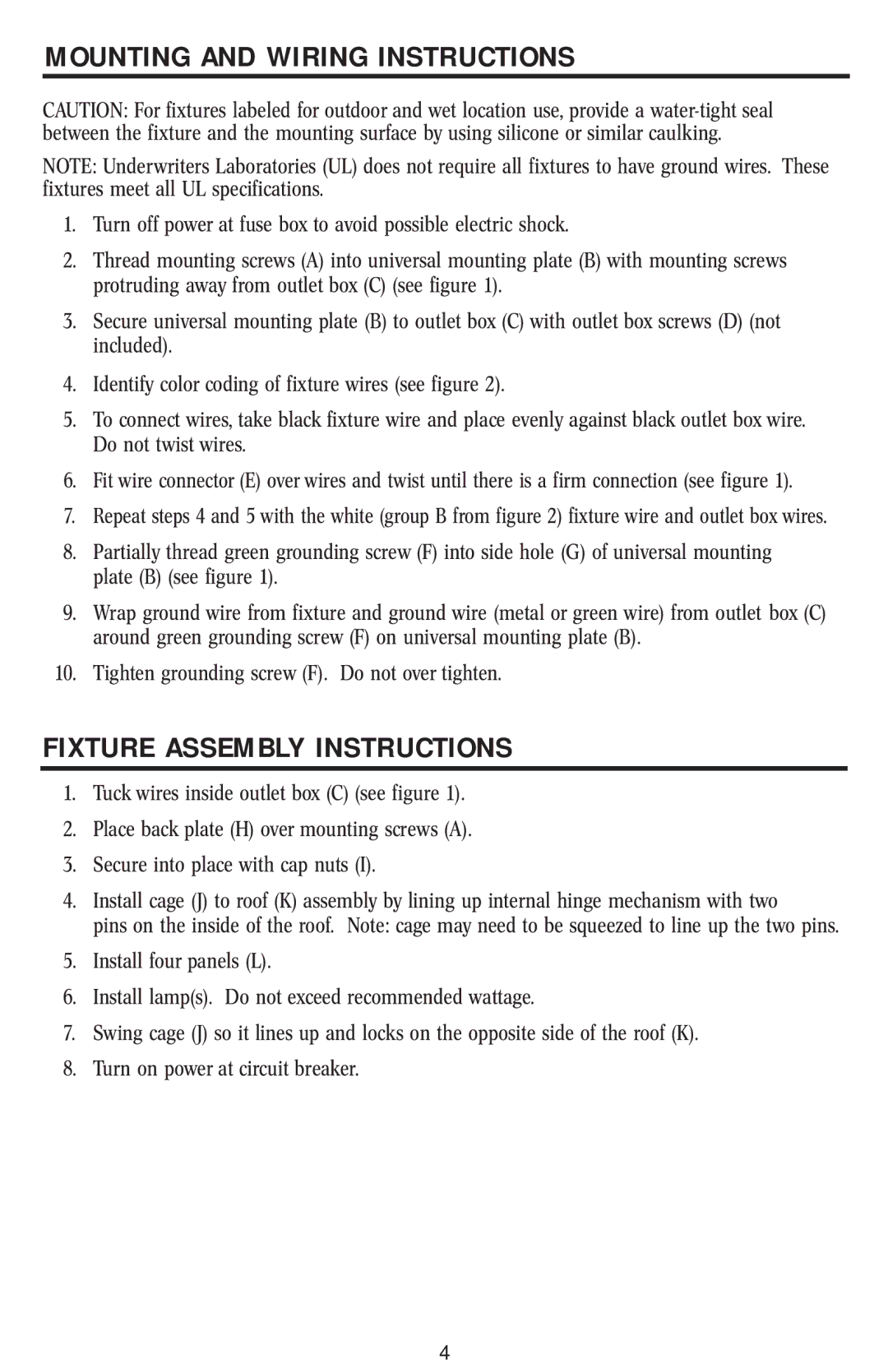 Westinghouse W-005 owner manual Mounting and Wiring Instructions, Fixture Assembly Instructions 