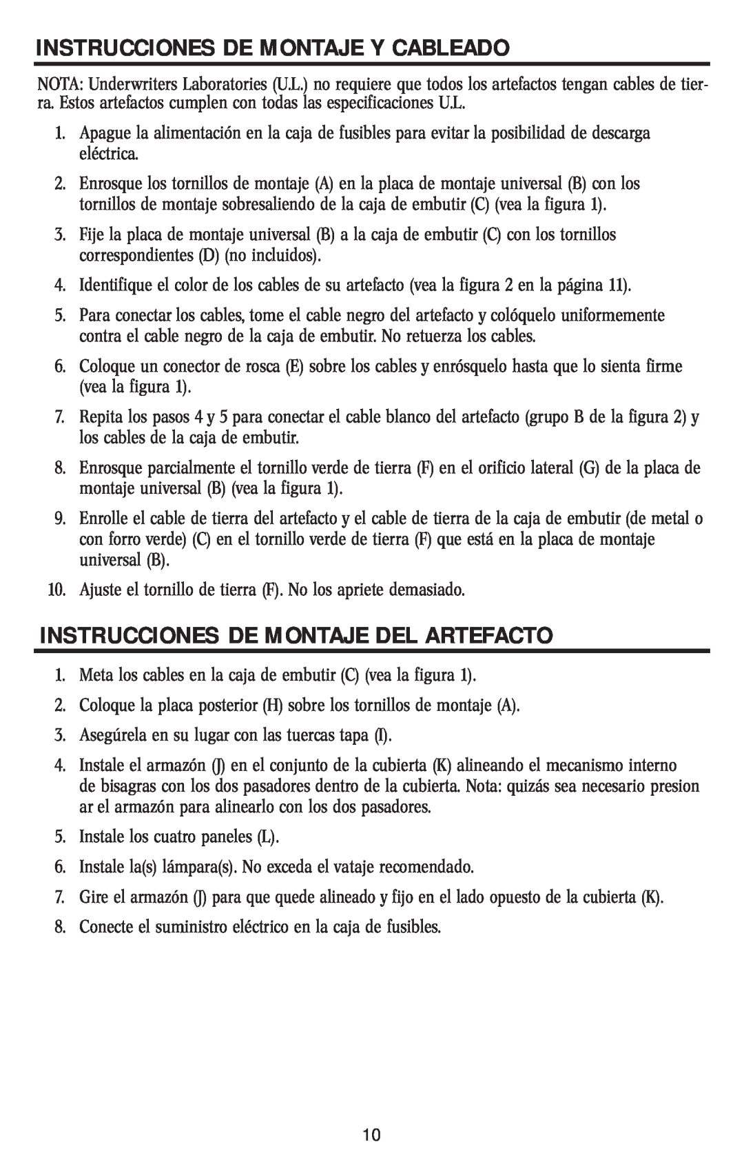 Westinghouse W-005 owner manual Instrucciones De Montaje Y Cableado, Instrucciones De Montaje Del Artefacto 