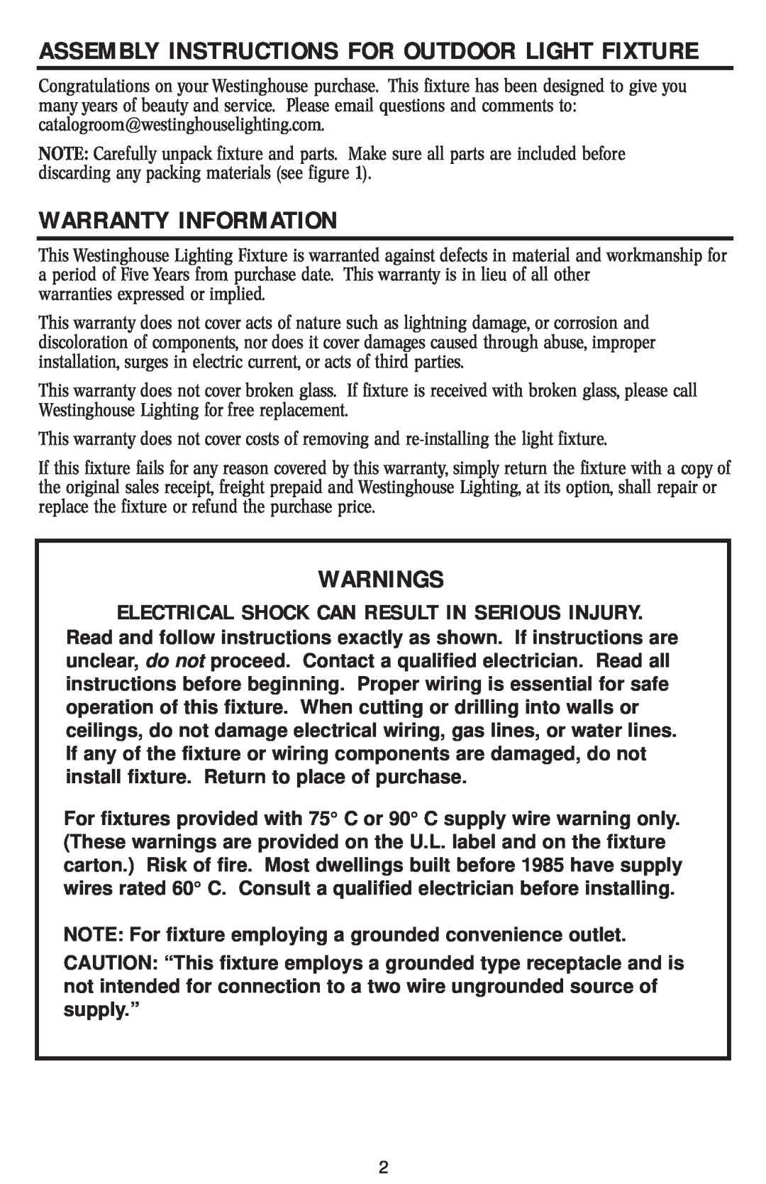 Westinghouse W-005 owner manual Warranty Information, Warnings, Assembly Instructions For Outdoor Light Fixture 