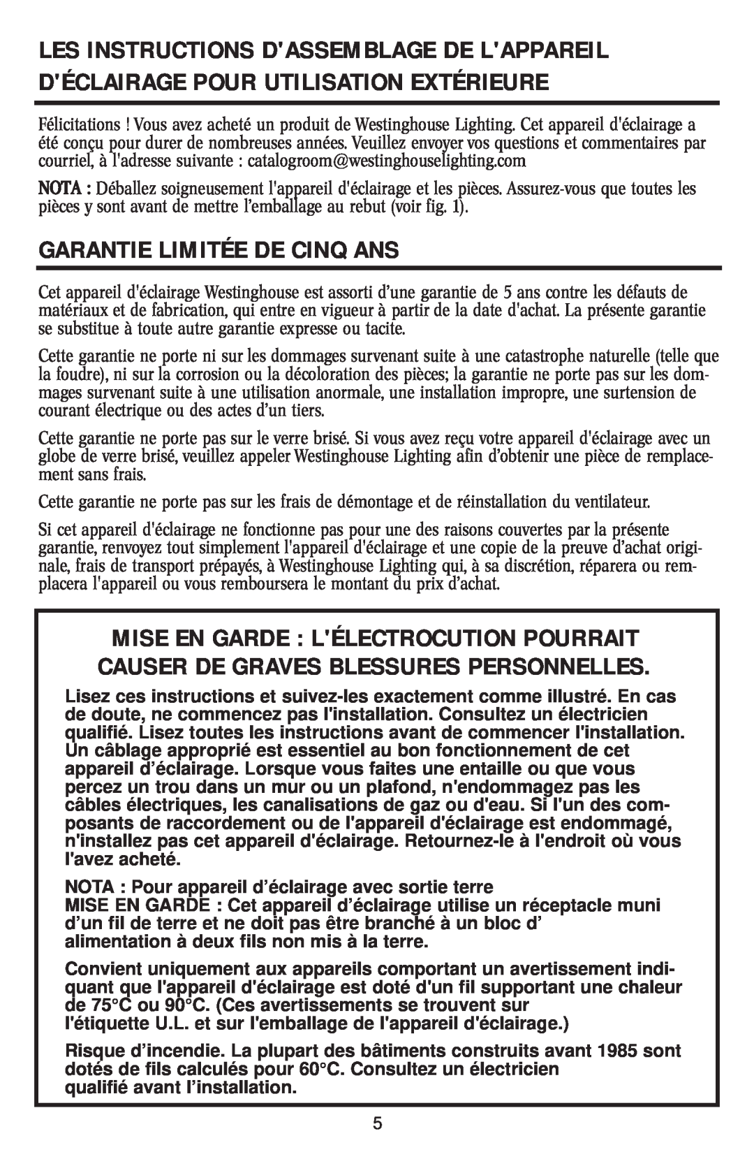 Westinghouse W-005 owner manual Garantie Limitée De Cinq Ans 