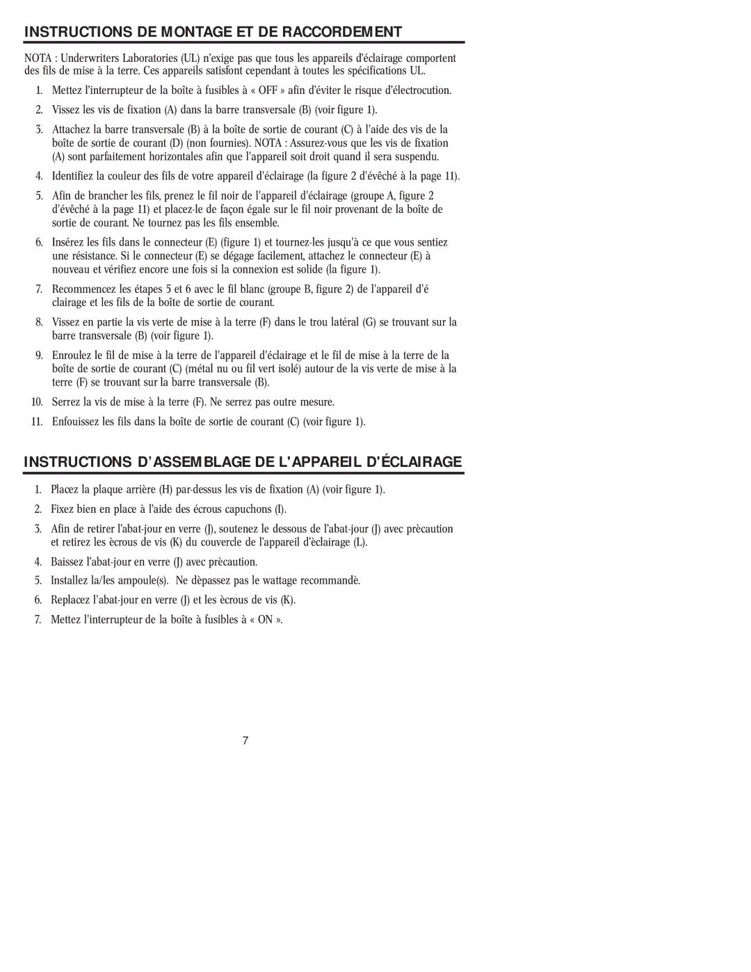 Westinghouse W-007 Instructions DE Montage ET DE Raccordement, Instructions D’ASSEMBLAGE DE Lappareil Déclairage 