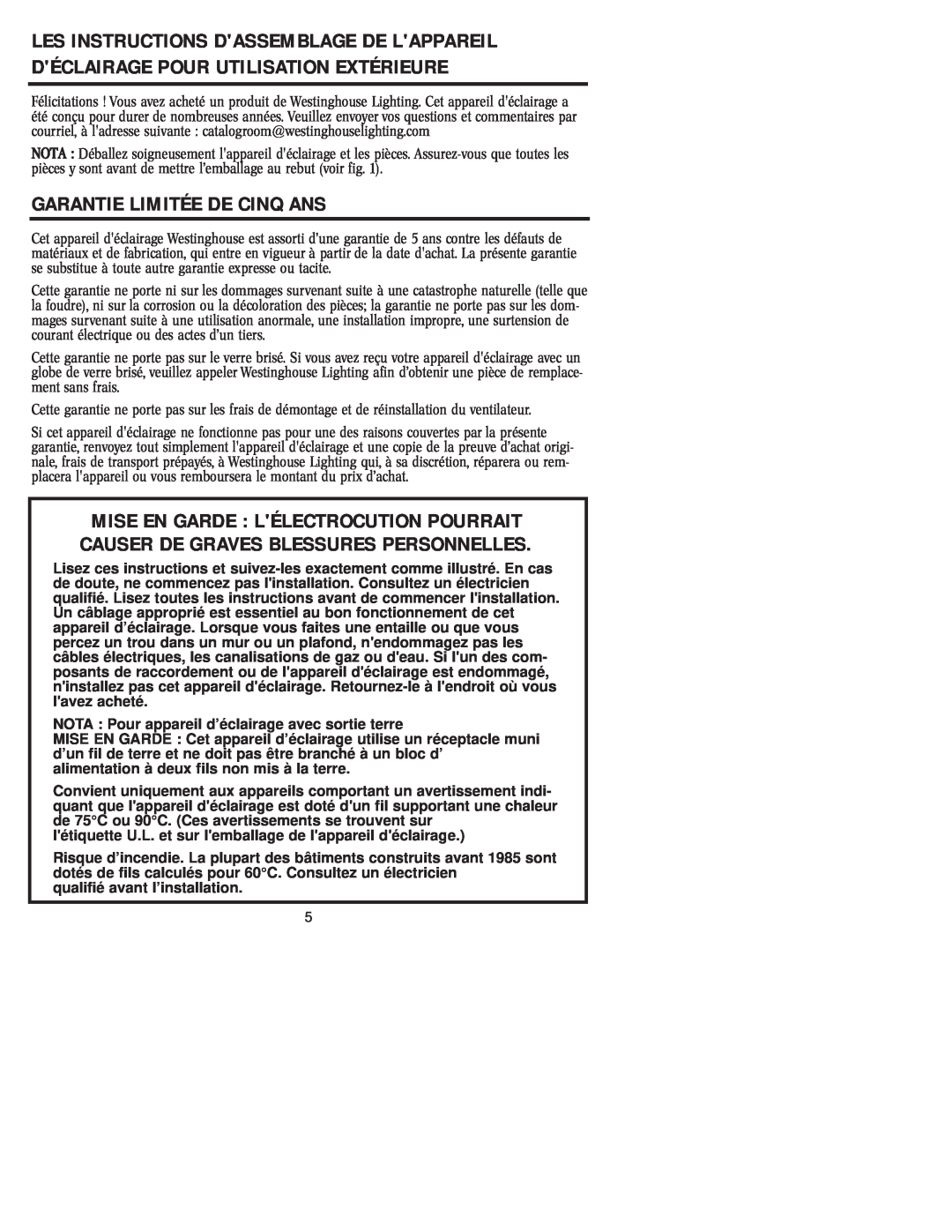 Westinghouse W-007 owner manual Garantie Limitée De Cinq Ans 