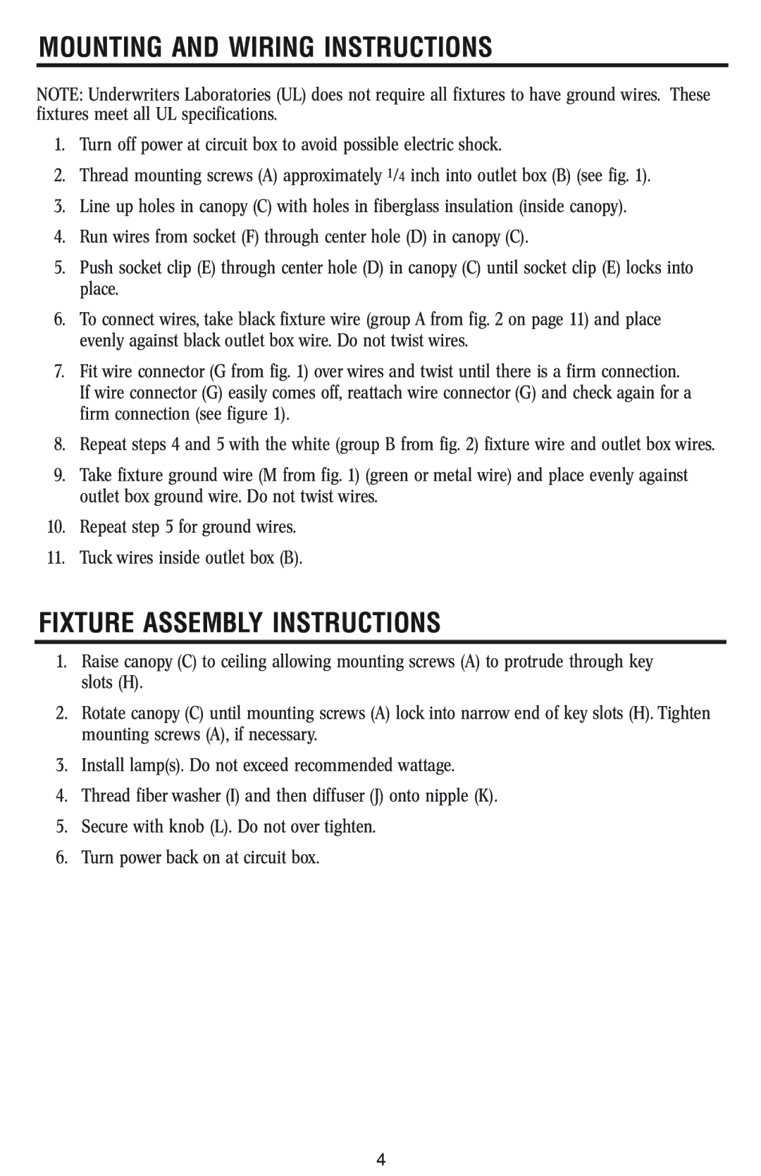 Westinghouse W-012 owner manual Mounting and Wiring Instructions, Fixture Assembly Instructions 