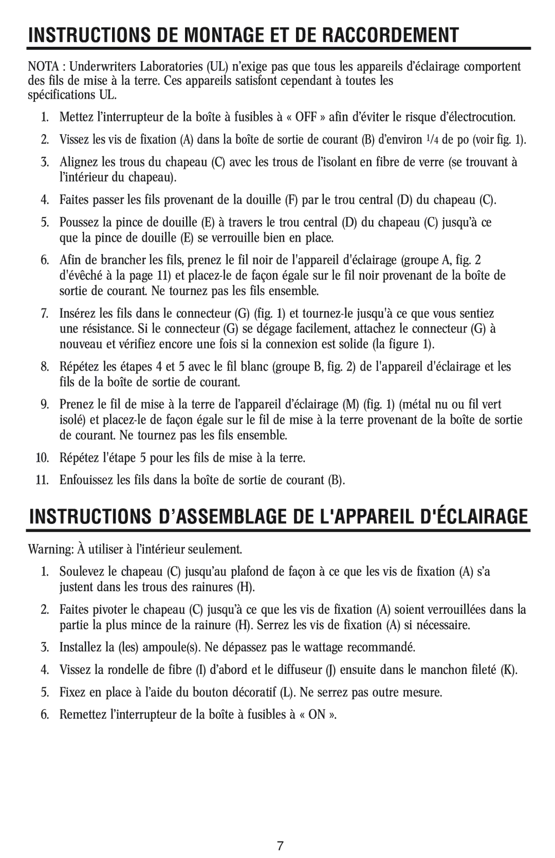 Westinghouse W-012 Instructions DE Montage ET DE Raccordement, Instructions D’ASSEMBLAGE DE Lappareil Déclairage 