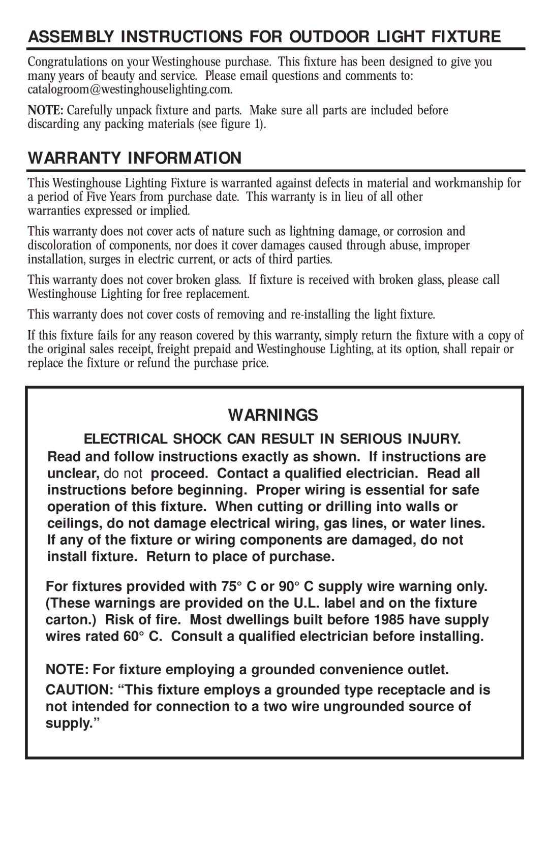 Westinghouse W-015 owner manual Warranty Information, Electrical Shock can Result in Serious Injury 